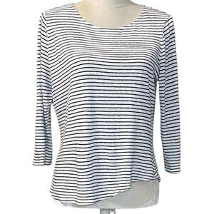 Chicos Womens White Navy Blue Pinstripe Stripe 3/4 Sleeve Shirt Gold Button Sz M